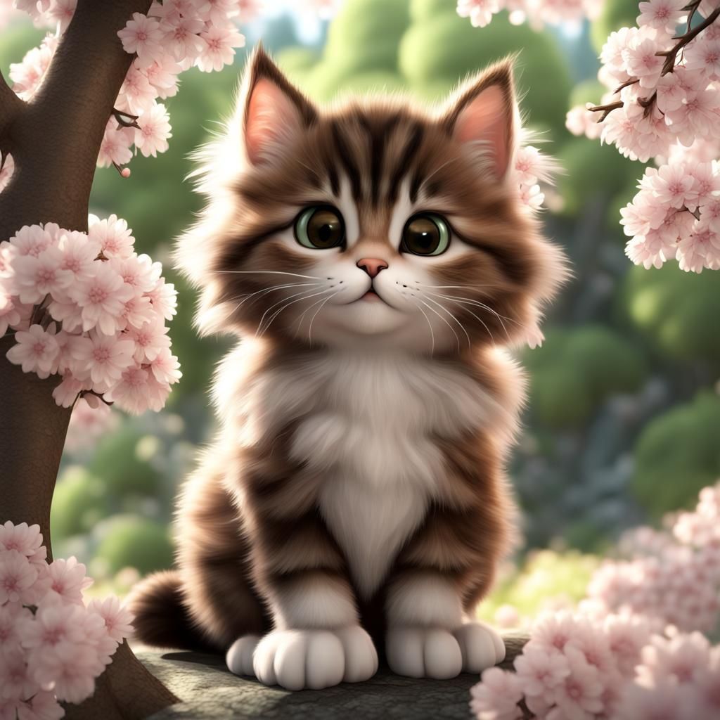 Adorable 3D Cartoon Kitten in Blossom Forest