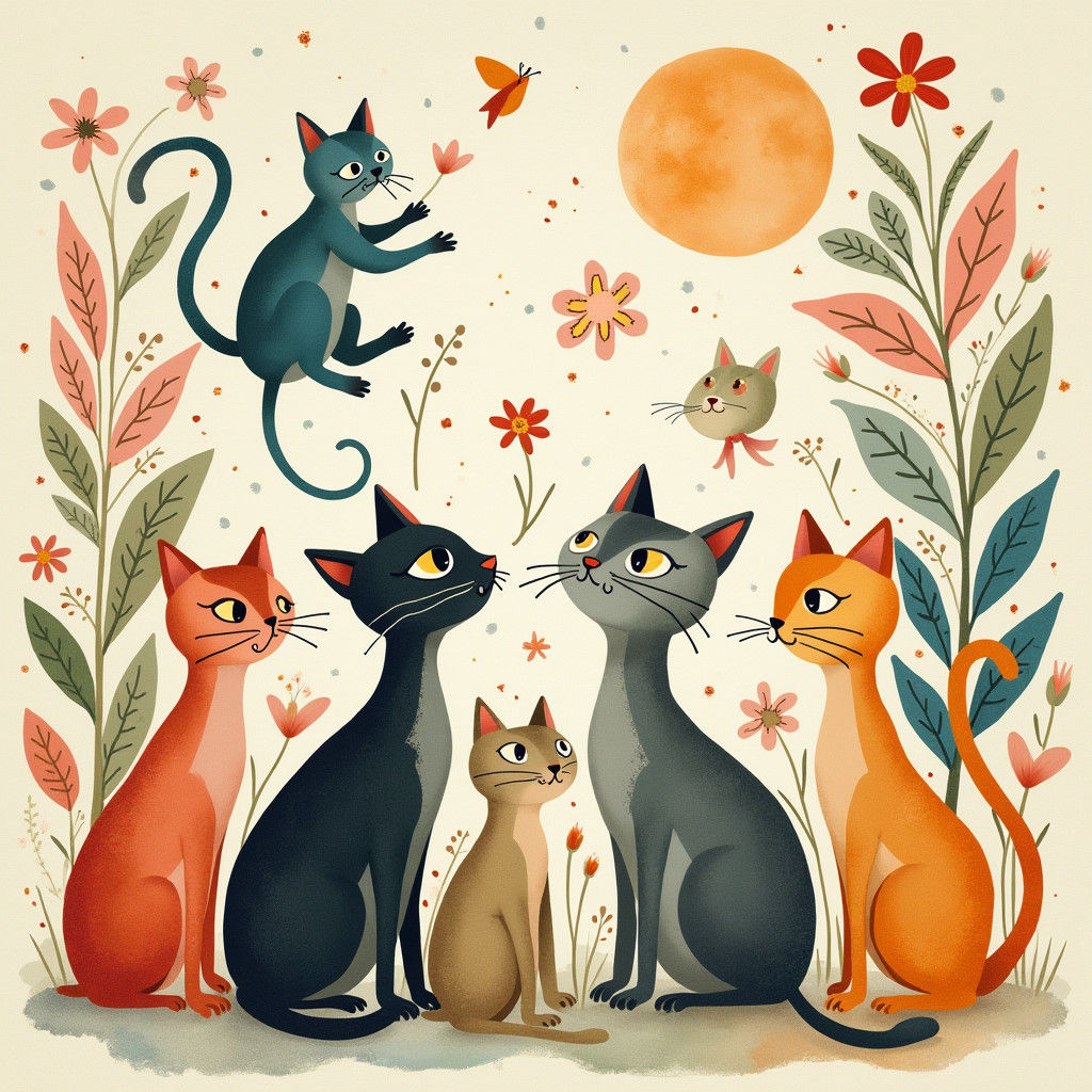 Whimsical Cats Collage in Beatrix Potter Style