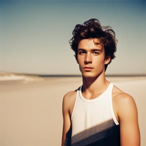 Young Man on Beach in 1990s Polaroid Style