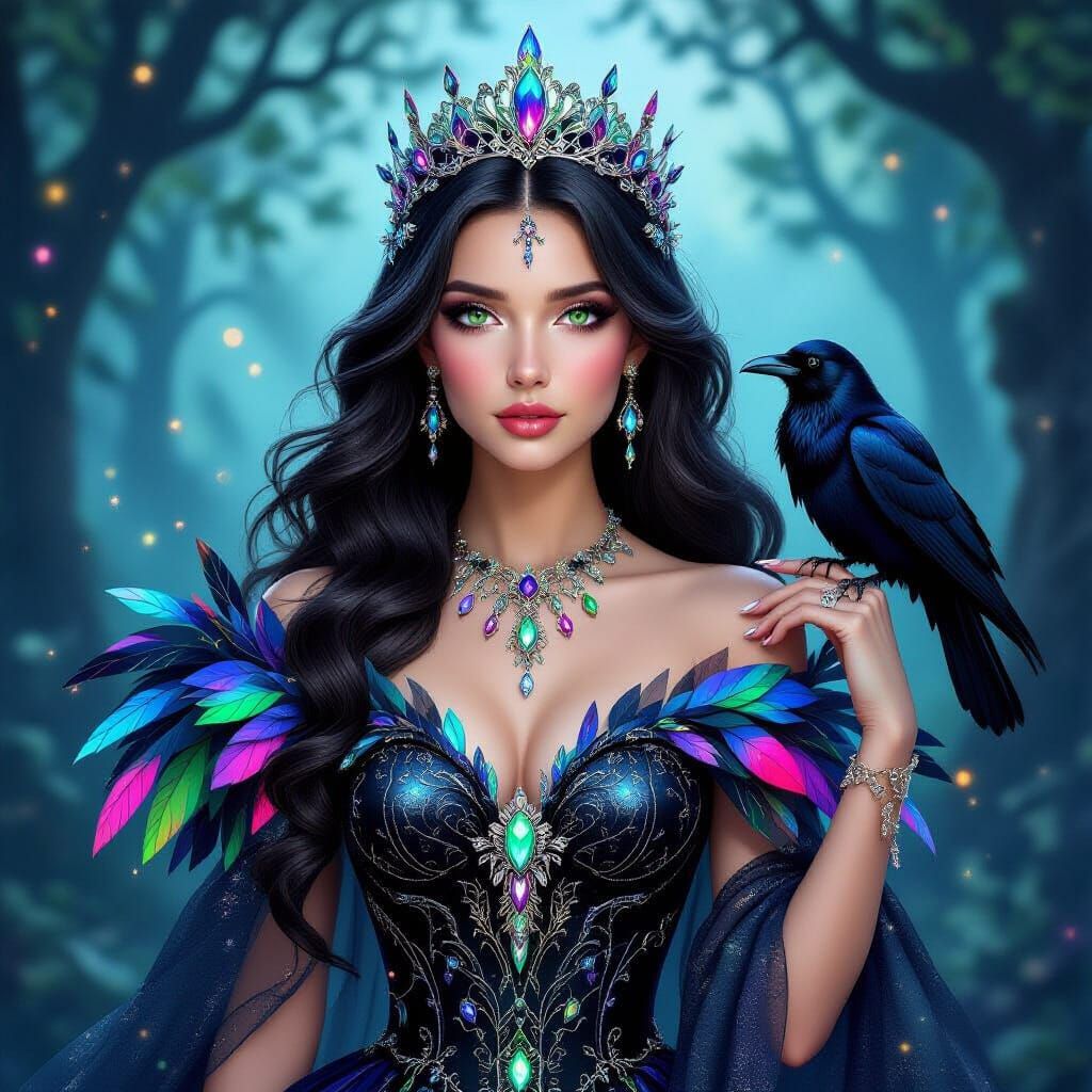 Fantasy Princess With Ravens in Twilight Forest