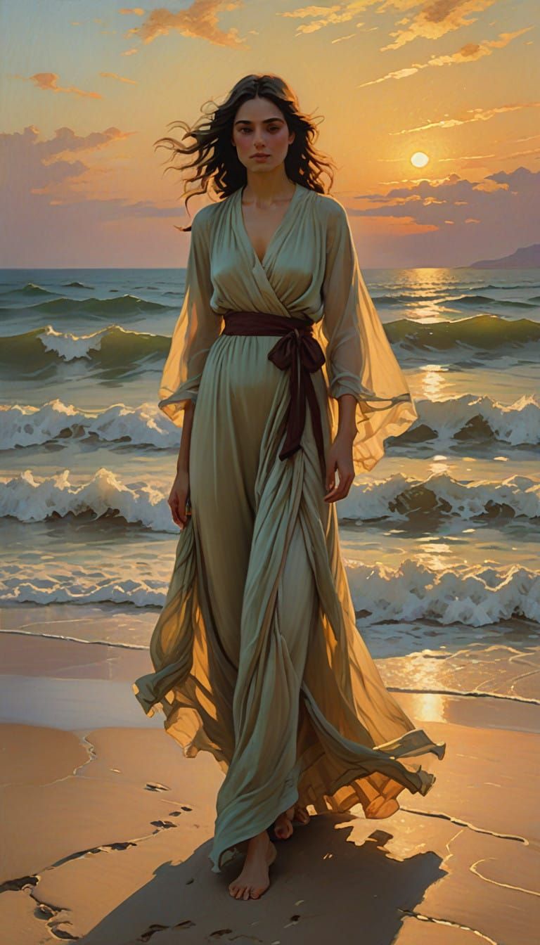 Woman Strolling Along Sunset Beach in Dreamy Seascape Style