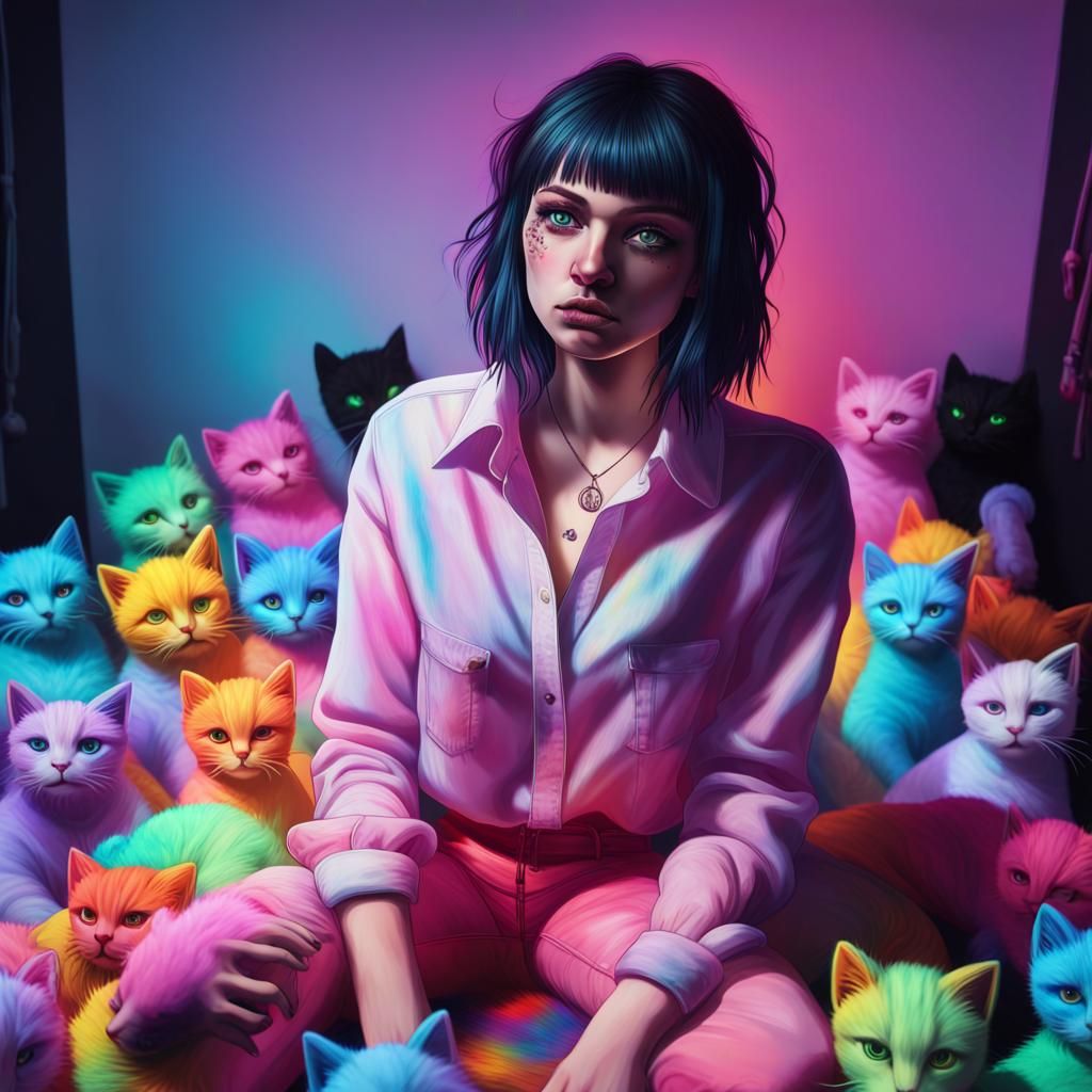 Goth Woman Surrounded by Rainbow Cat Dolls