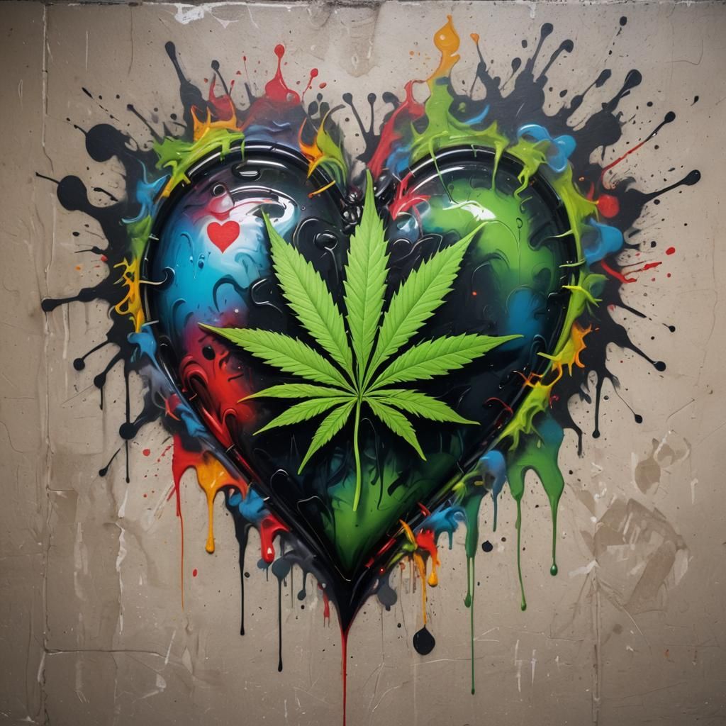 Heart Marijuana Leaf Graffiti Art with Smoke