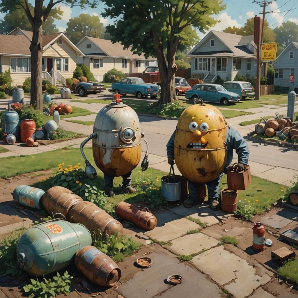 Surreal Suburban Scene with Gas Cylinders and Giant Potato