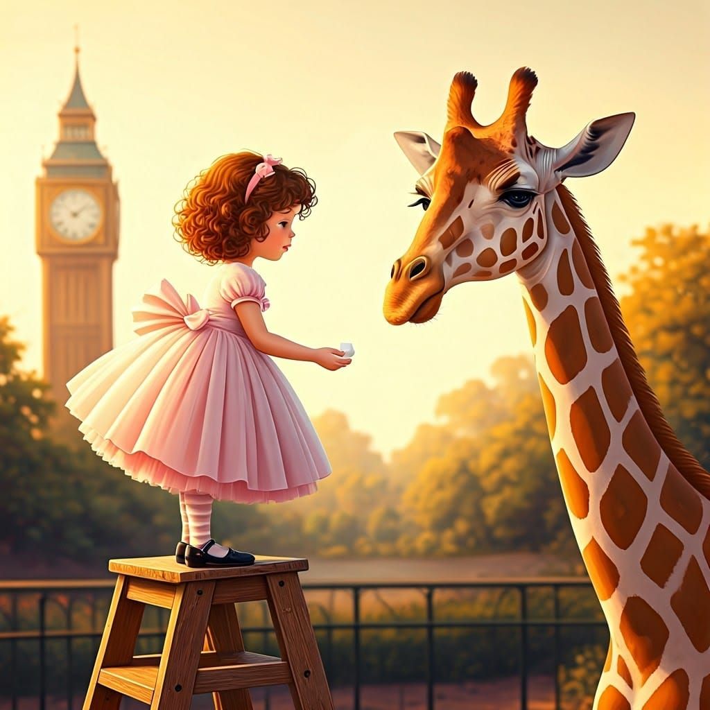 Sweet Girl Feeds Gentle Giraffe in Whimsical Zoo Scene