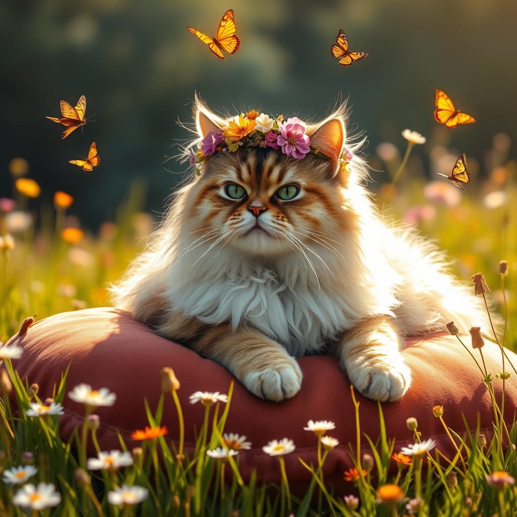 Regal Persian Cat in Sun-Drenched Pre-Raphaelite Landscape