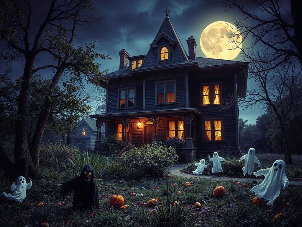 Gothic Haunted House on Moonlit Night with Eerie Details