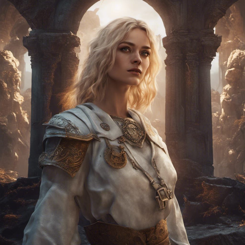 Angelic Archeologist at World's Edge: Detailed Matte Paintin...