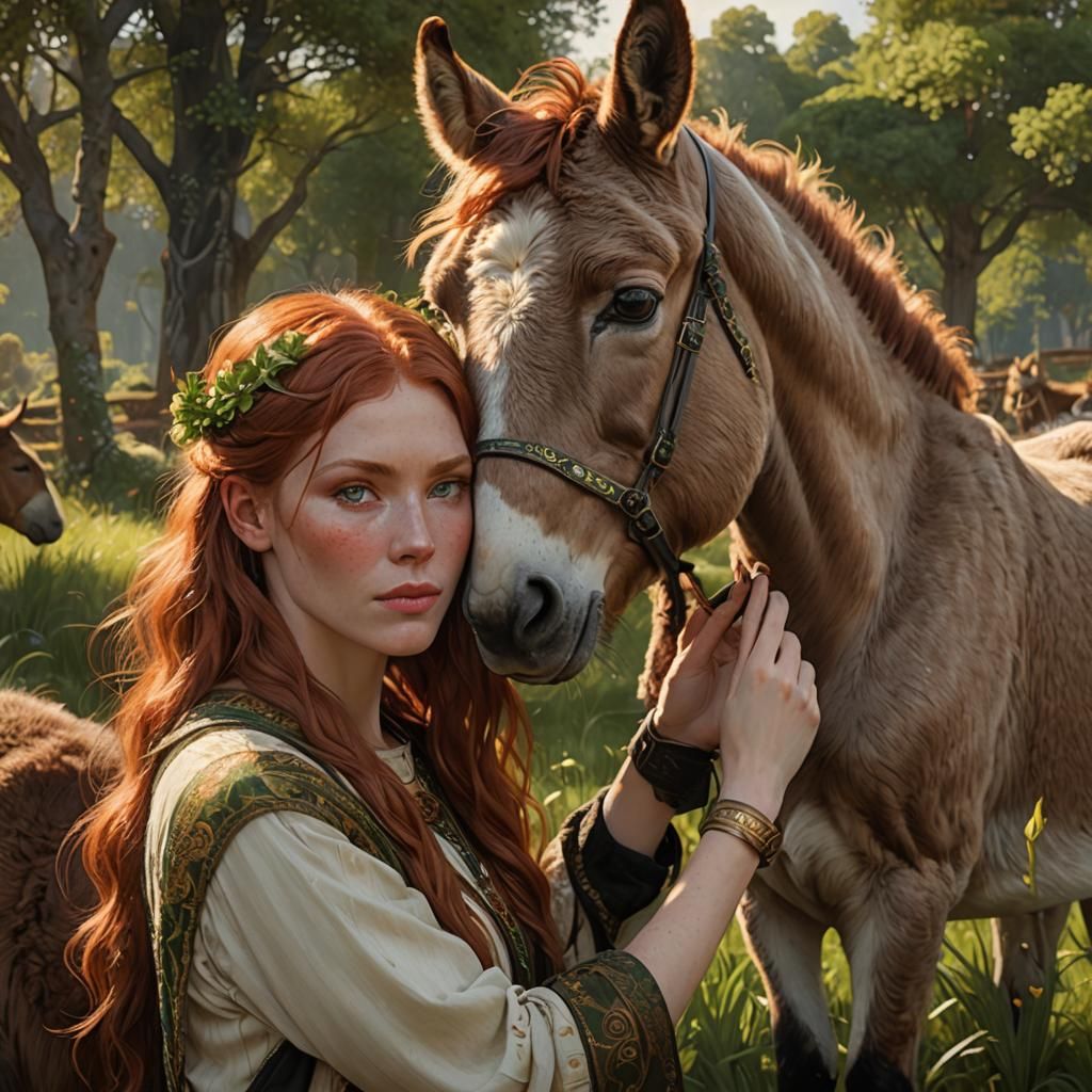 Red Haired Girl with Donkey, Art Nouveau Style