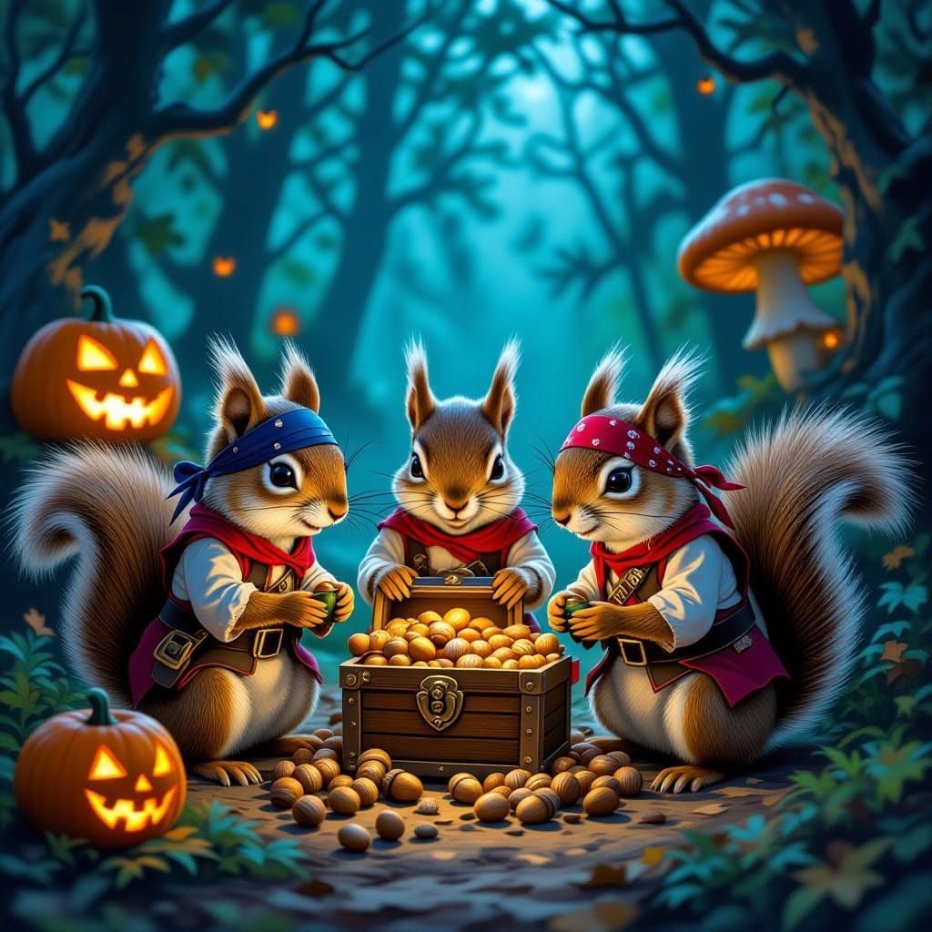 Pirate Squirrels Guard Acorn Treasure in Enchanted Forest