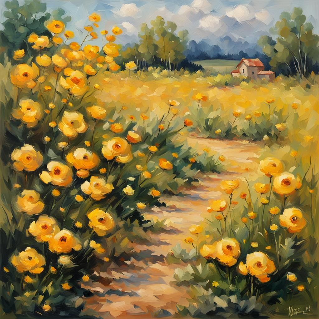 Impressionistic Yellow Flowers Landscape