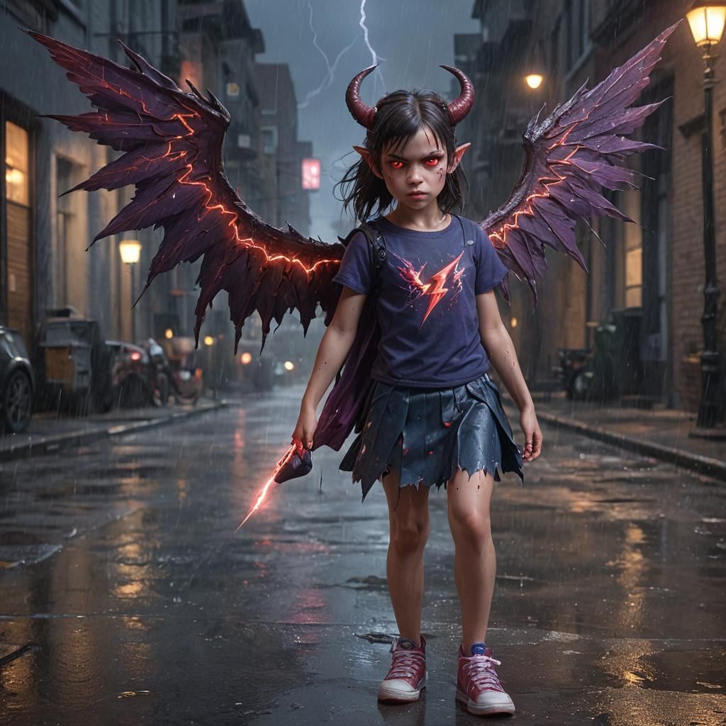 Demon Child in Rainy Street: Dark Fantasy Art