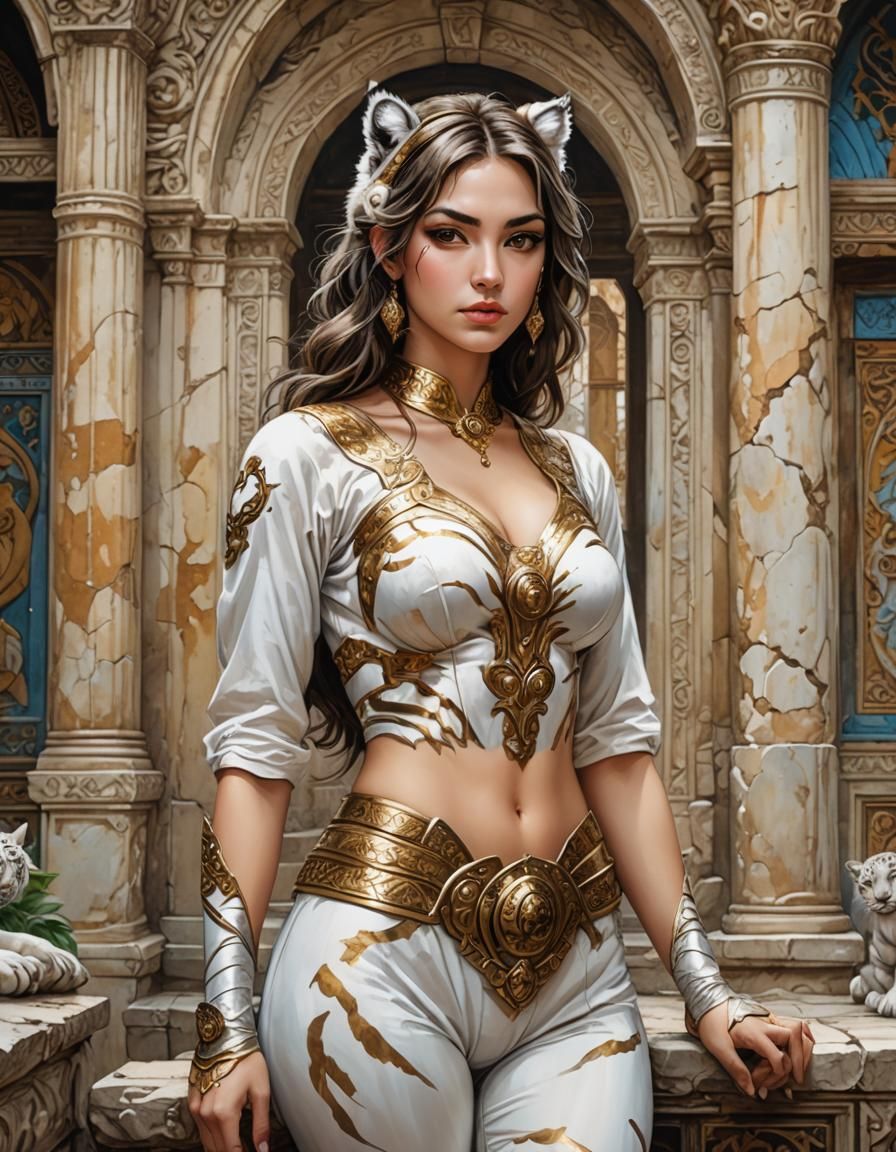 Woman-Tiger Hybrid in Ruined Palace, Manara Style