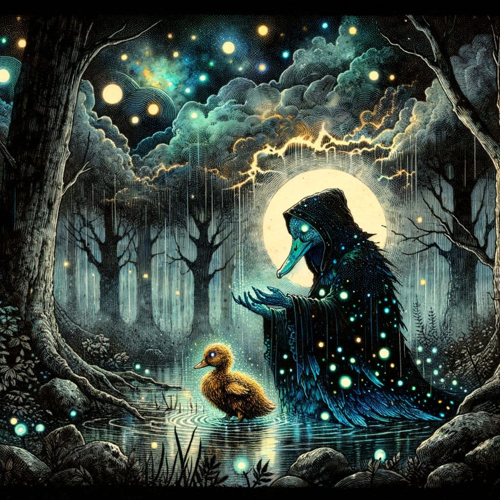 Bioluminescent Undead Mother Duck Sheltering Duckling
