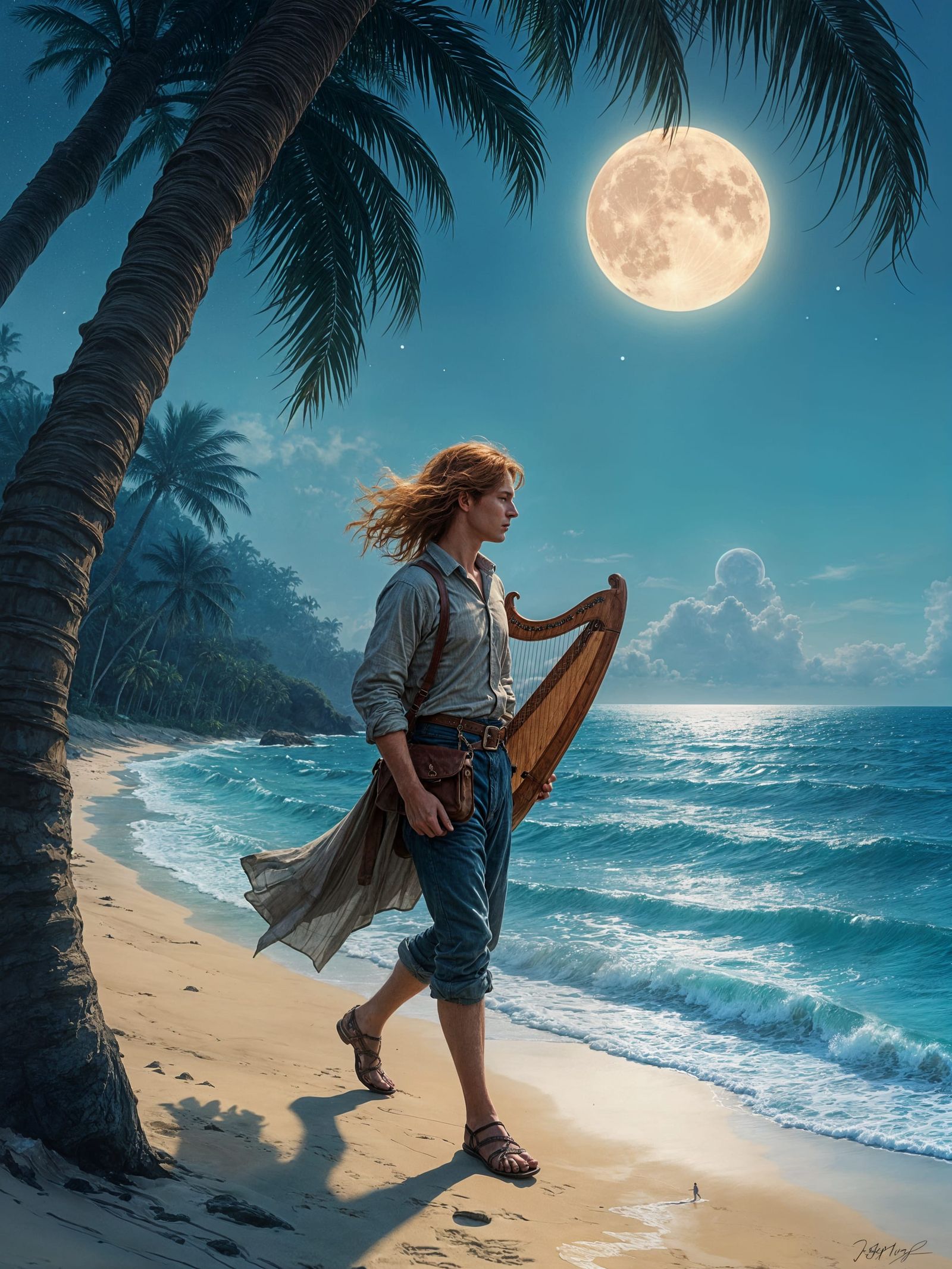 Concept Art Bard on Serene Beach at Night