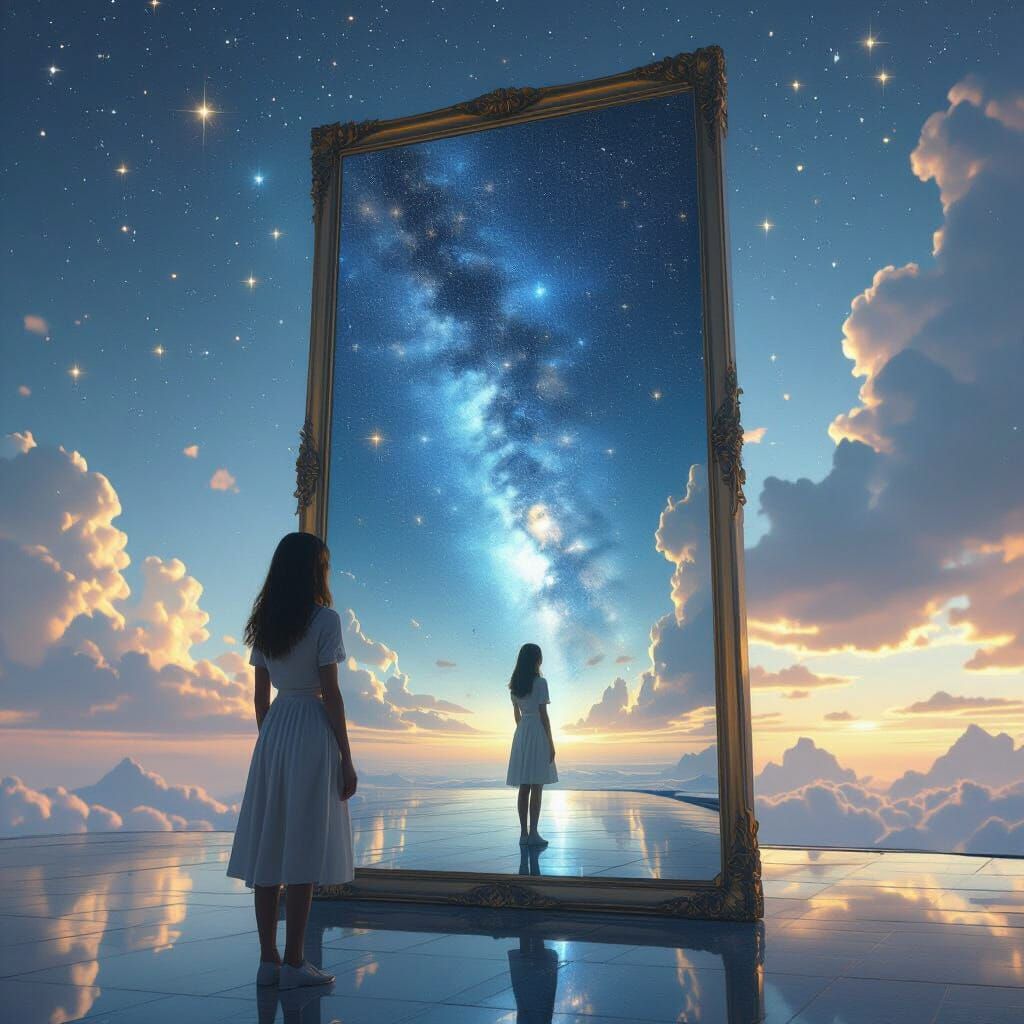 Woman Gazes Into Infinite Starry Mirror Reflection