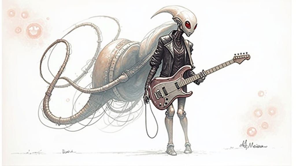 Metallic Alien Goddess Shreds on Futuristic Guitar Stage