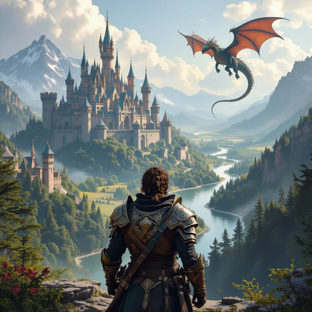 Epic Medieval Fantasy Landscape with Adventurer, Matte Paint...