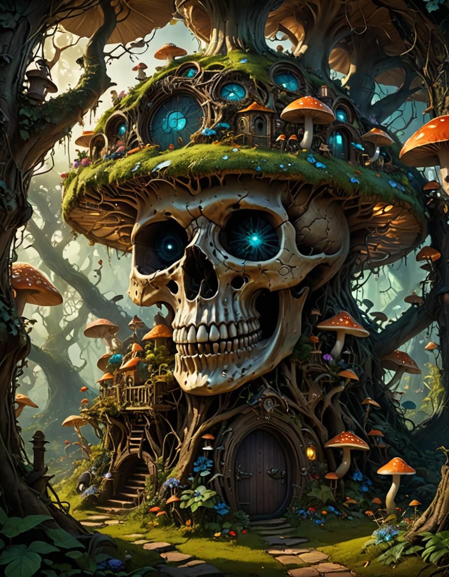 Intricate Fairy Home Inside Mushroom Skull