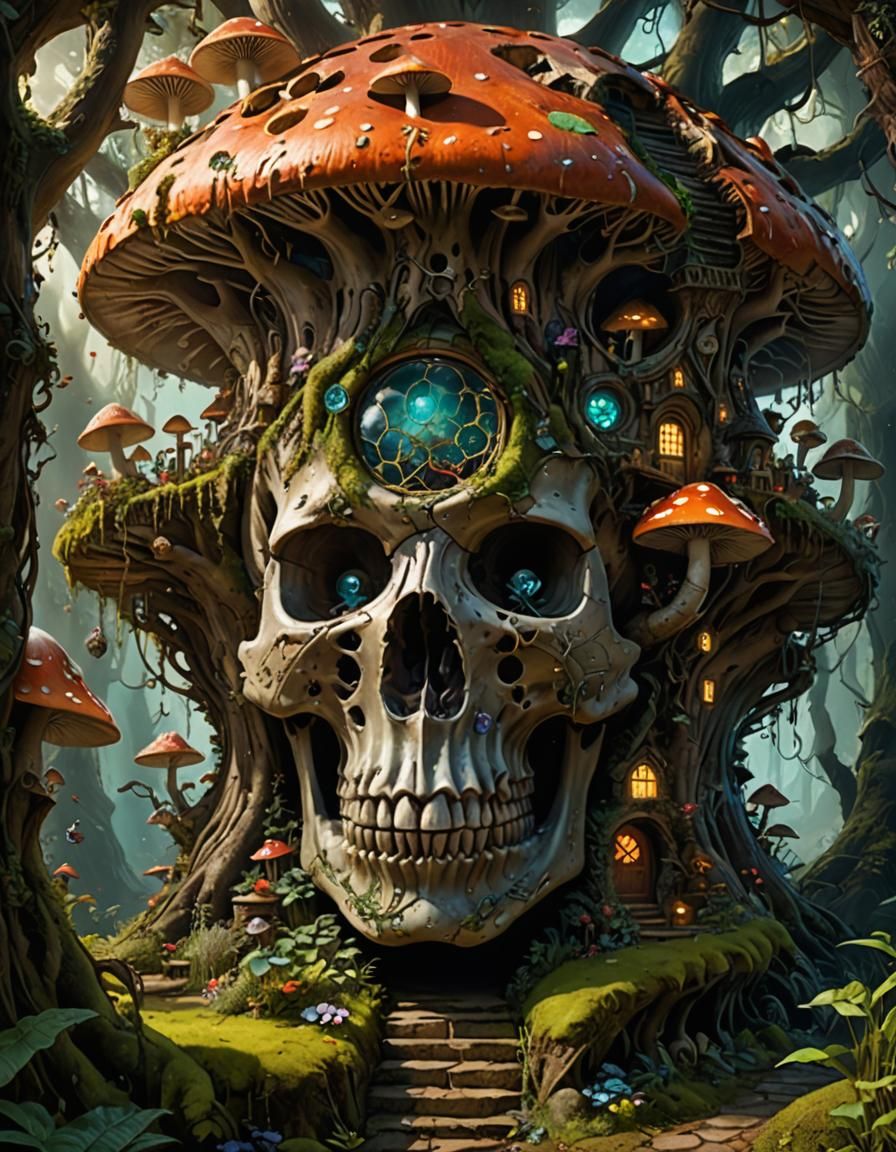 Intricate Faerie Home in Mushroom Skull, Fantasycore Art