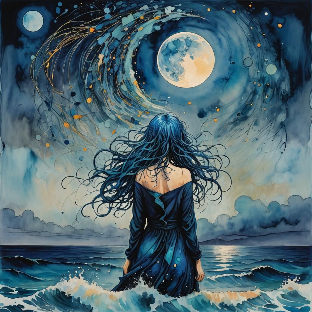 Blue Haired Woman Under Giant Moon