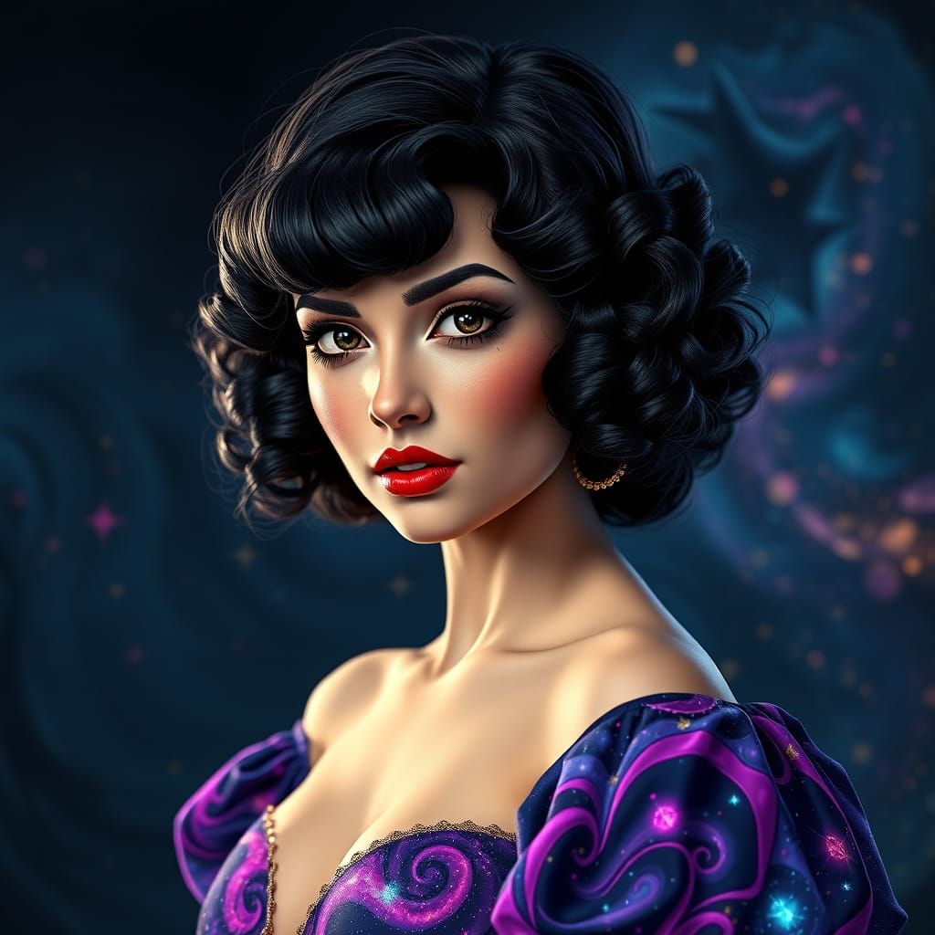 Vintage Pin-Up Girl in Celestial Dress, Cosmic Fantasy Art