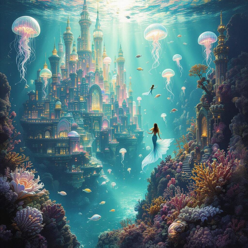 Bioluminescent Mermaid City of Pearl and Coral