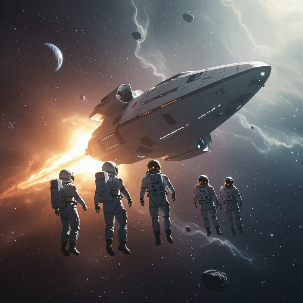 Astronauts and Spaceship Soaring Through Deep Space