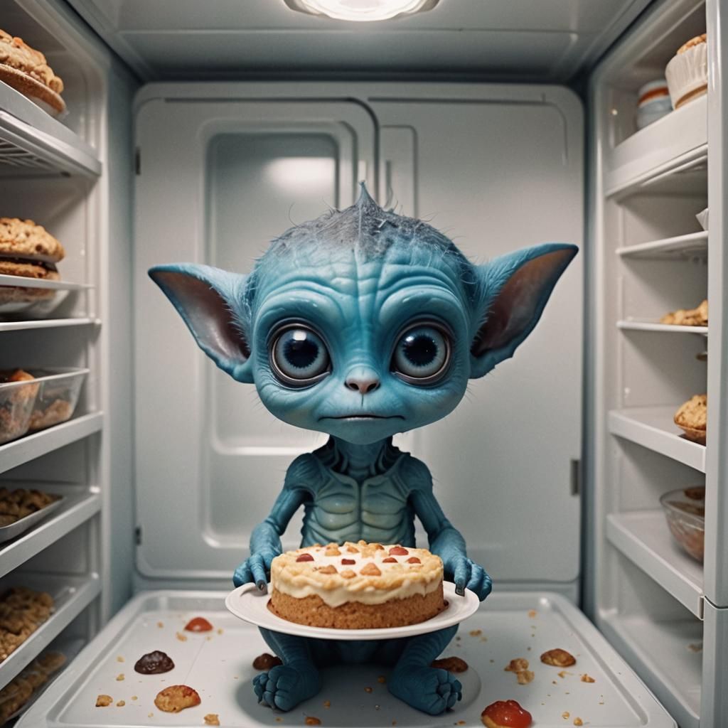 Cute Blue Alien Eating Cake in a Fridge