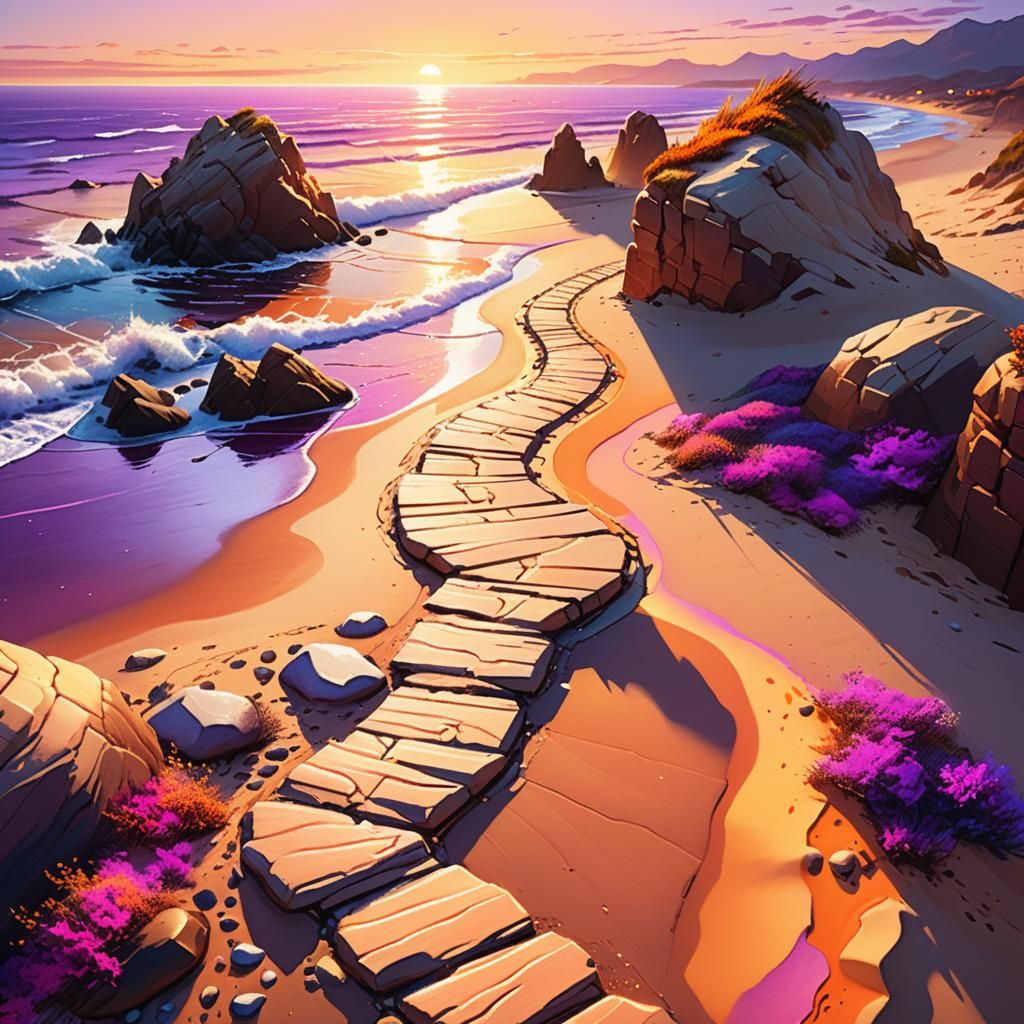 Beach Path Sunset in Hyperrealistic Splash Art Style