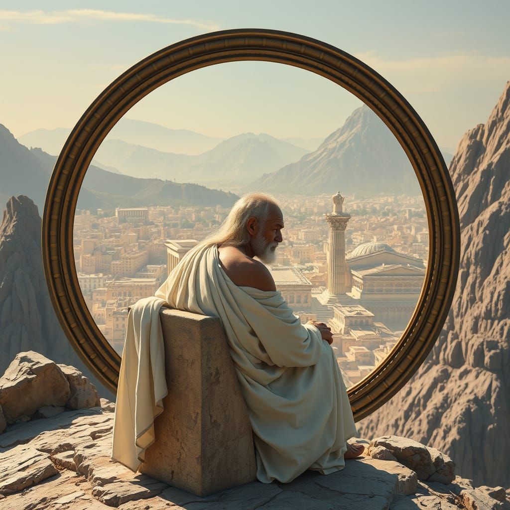 Greek Man Gazing into Mirror Reflecting Cityscape