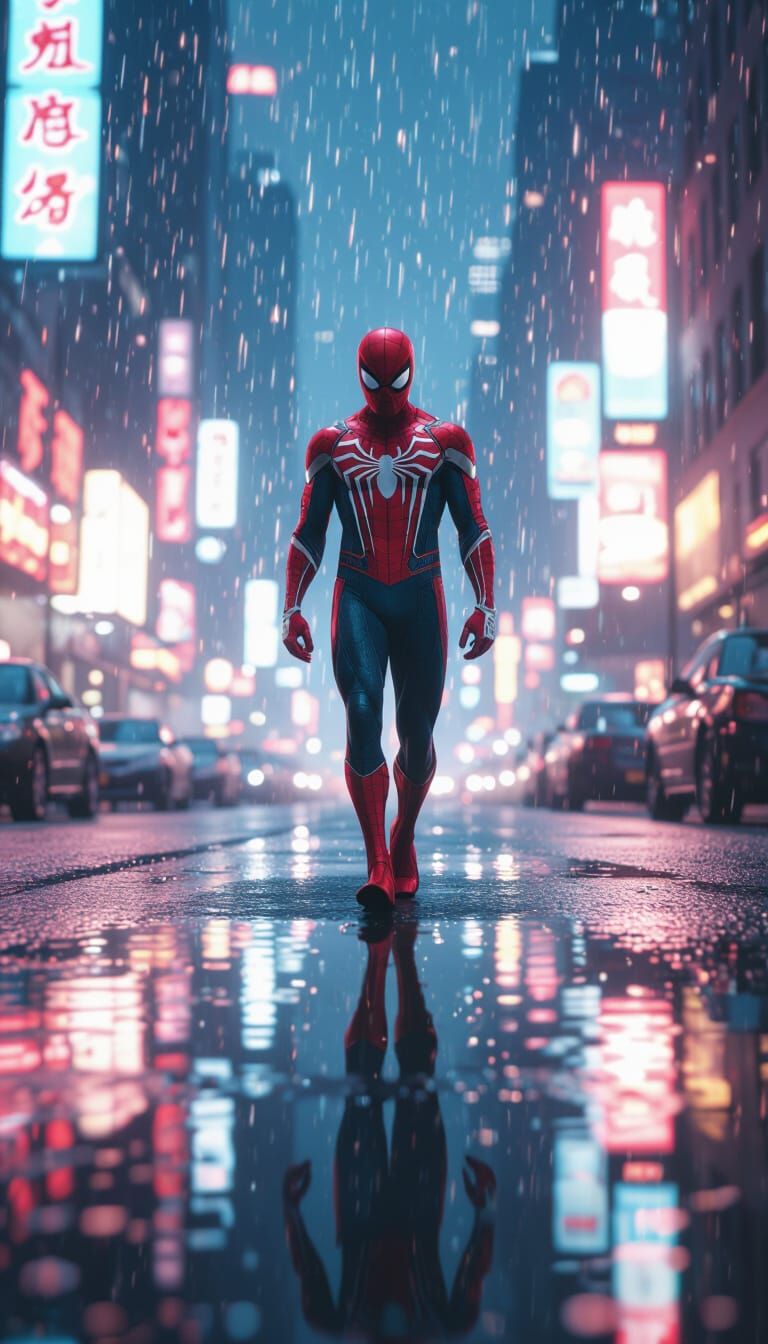Spider-Man in Rainy New York, Hyperrealistic Style