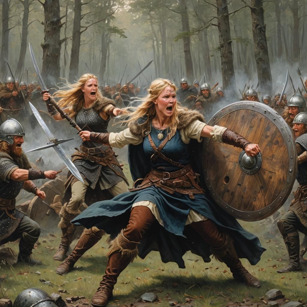 Viking Shield Maiden Sword Fight Painting