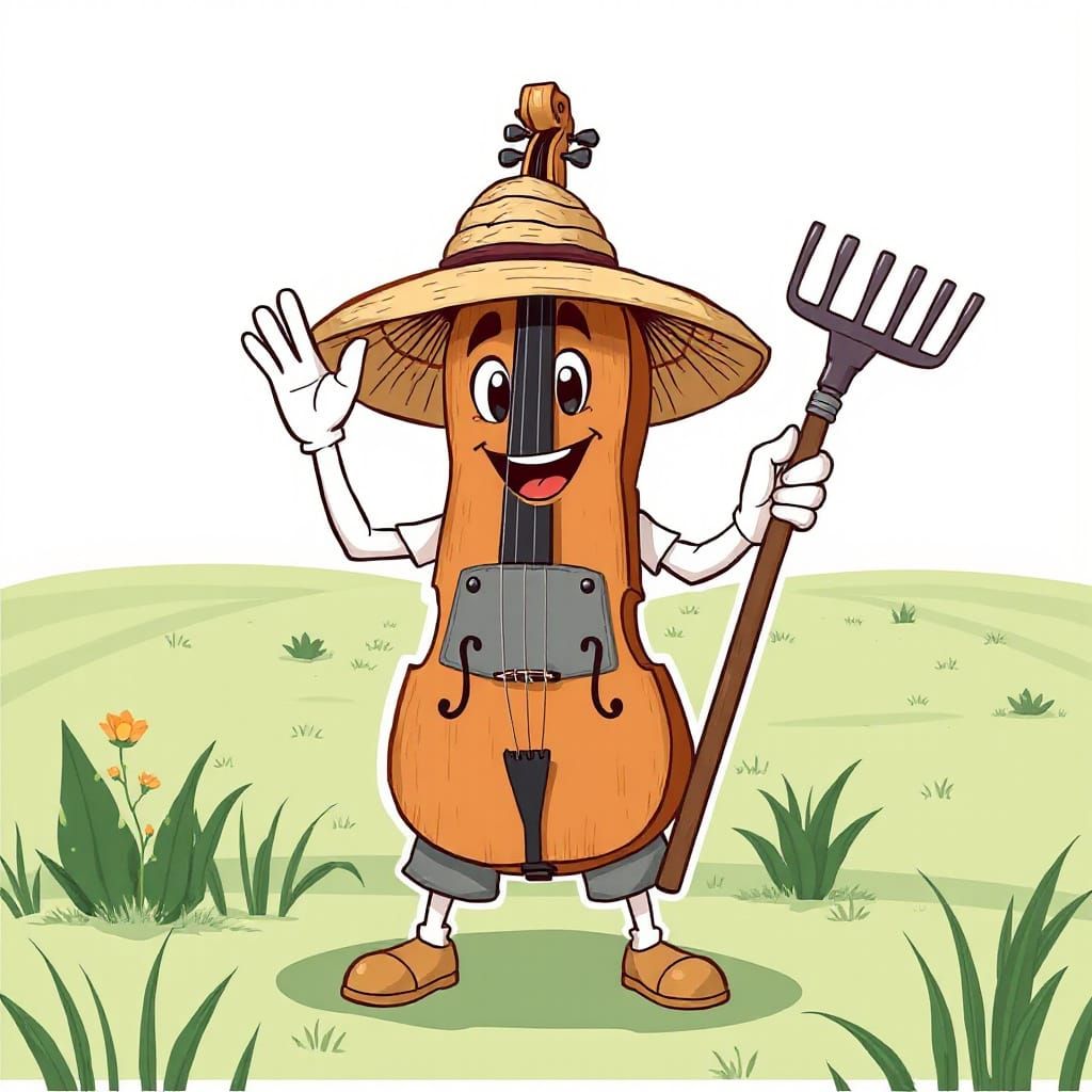 Cartoon Cello Farmer Waves in Field