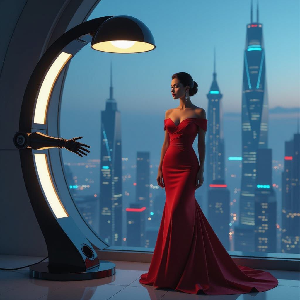 Futuristic Woman and Cyberpunk Lamp