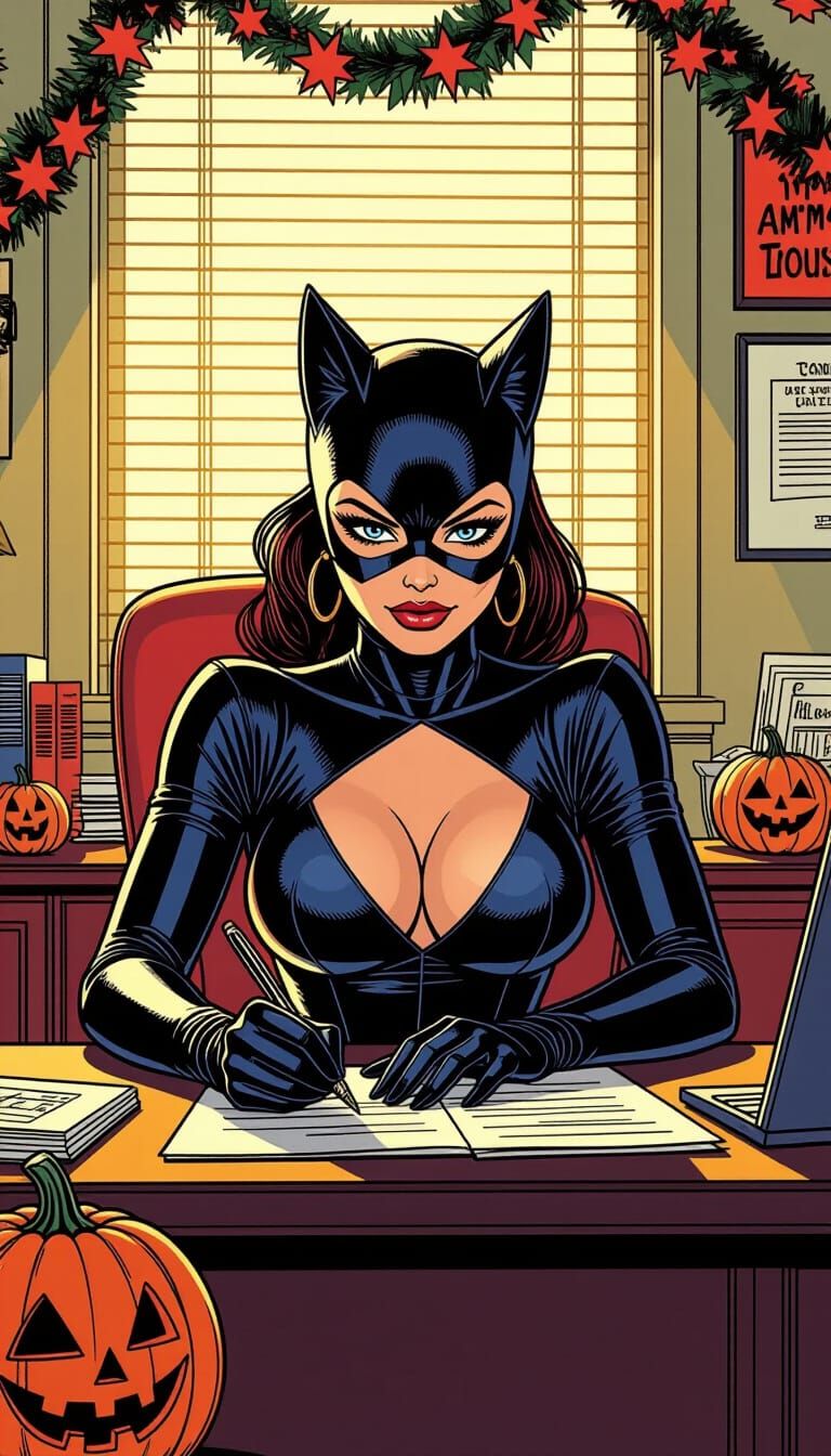 Secretary in Catwoman Costume at Office Halloween Party