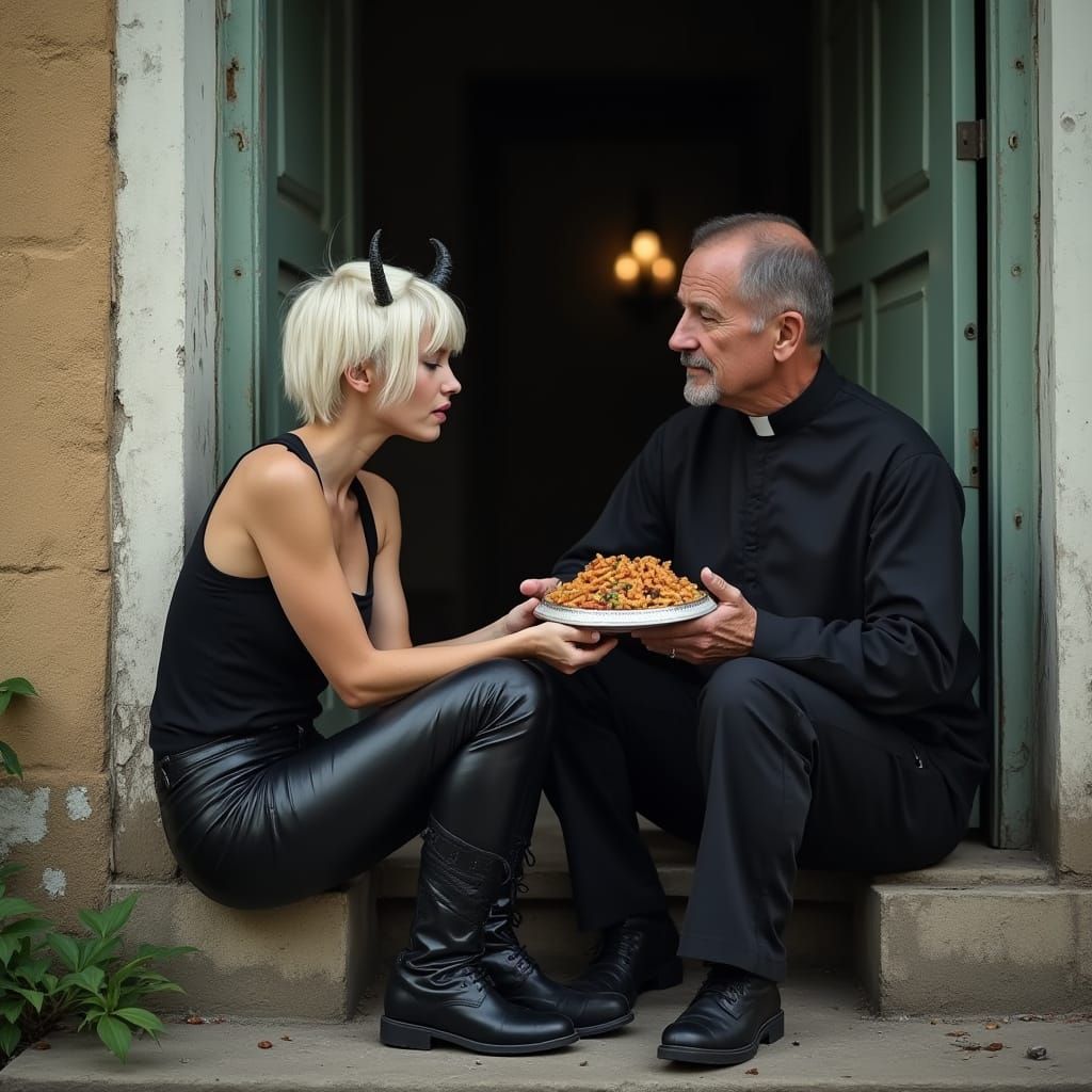 Punk Woman & Priest Share Food on Church Stoop