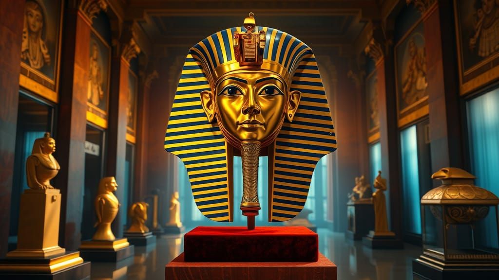 Golden Mask of Tutankhamon in a Grand Museum Hall