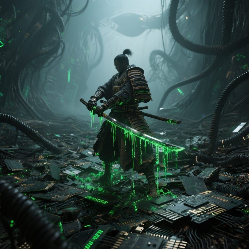 Samurai Warrior in Shattered Cyberspace, Biomechanical Style