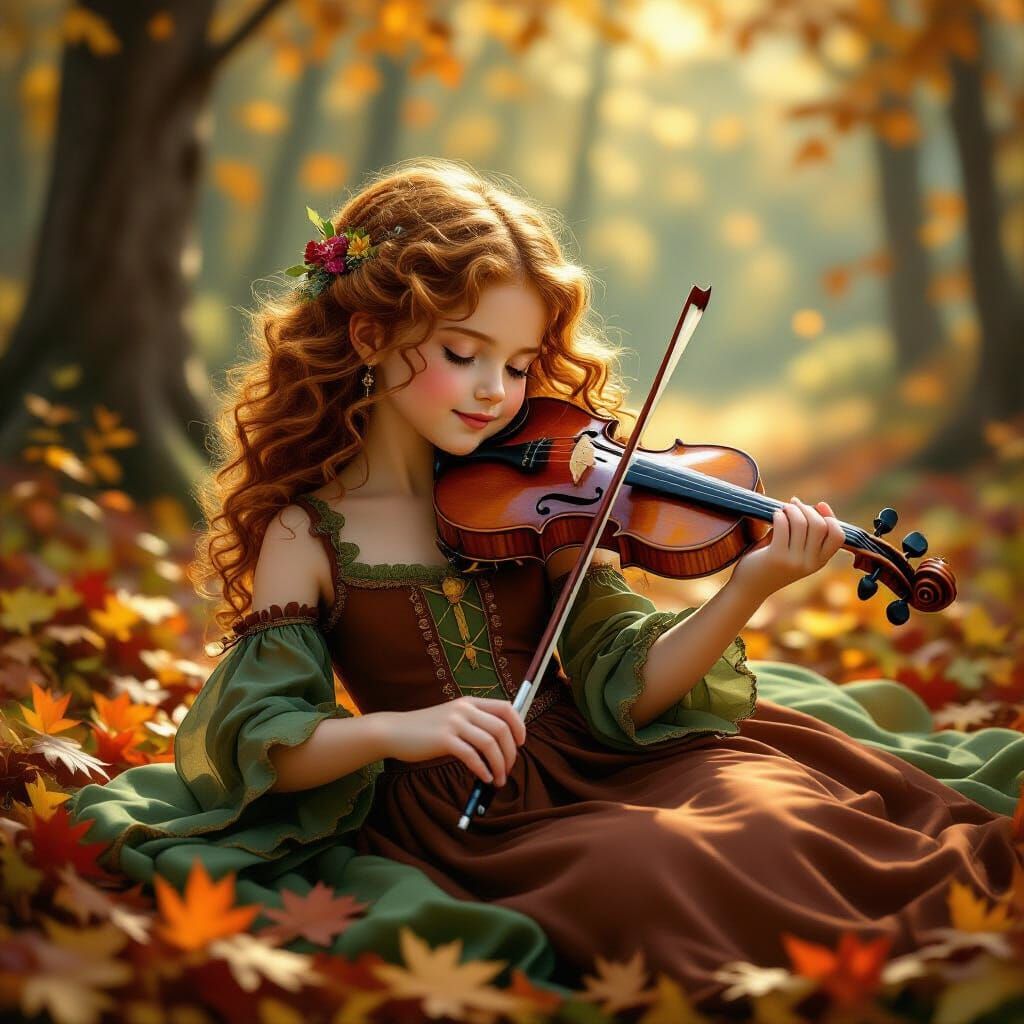 Girl Playing Viola in Autumn Forest, Photorealistic Style