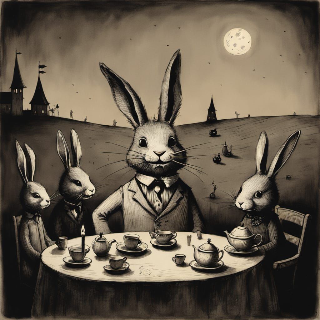 Sinister Bunny's Desert Tea Party: Kubin & Ghibli Style