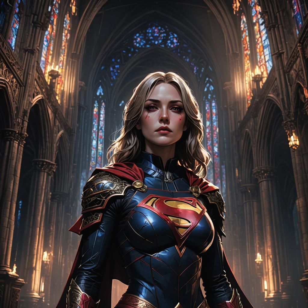 Gothic Anime Supergirl in Dark Cathedral