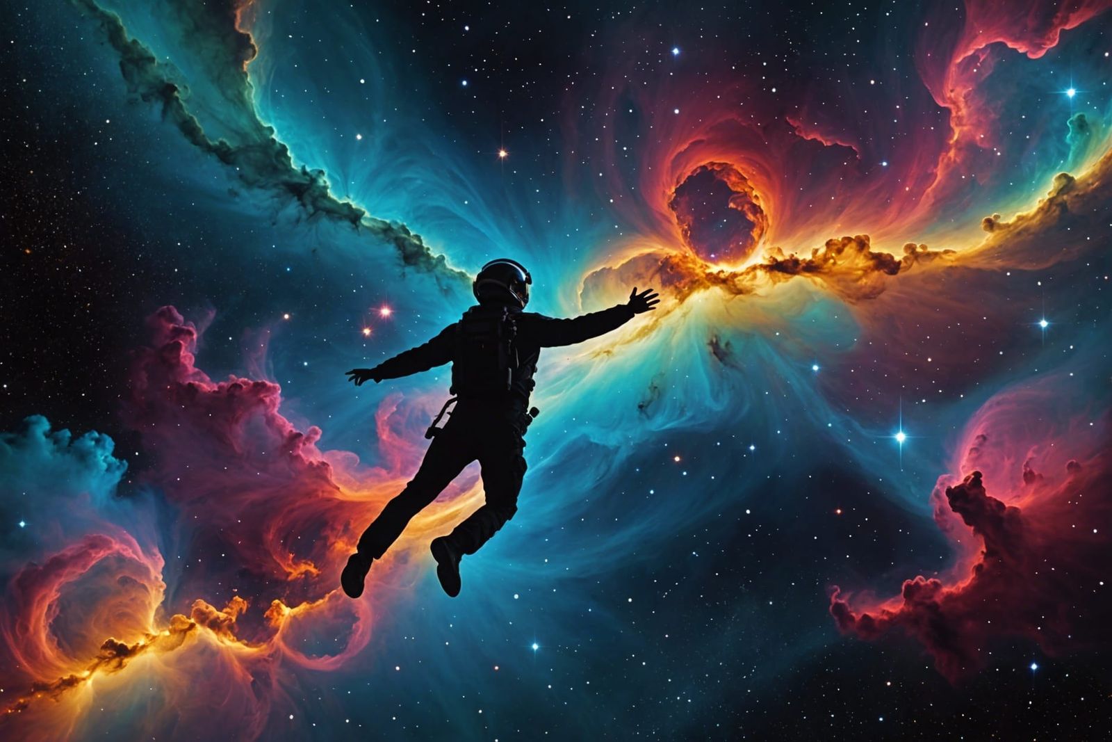 Human Touches Colorful Nebulae in Vast Outer Space