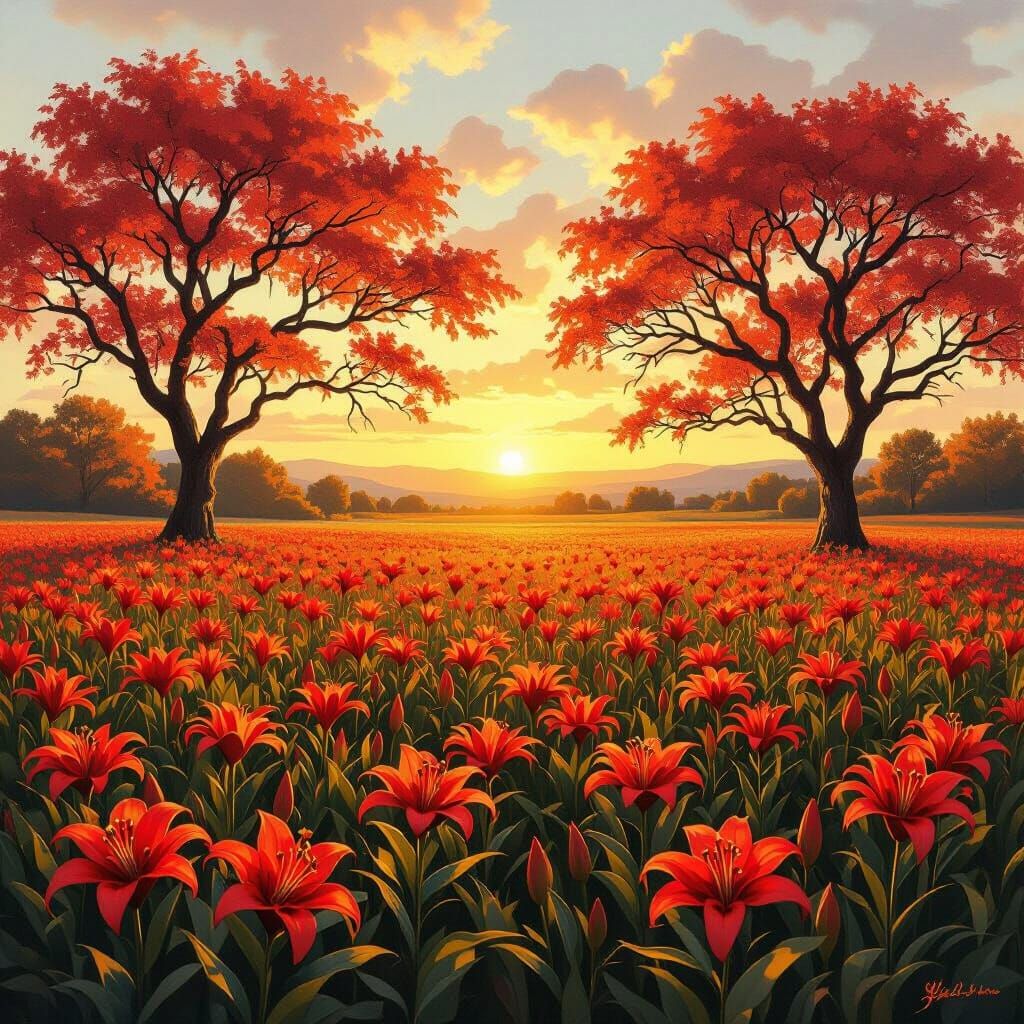 Vibrant Fire Lily Field at Sunset in Painterly Style