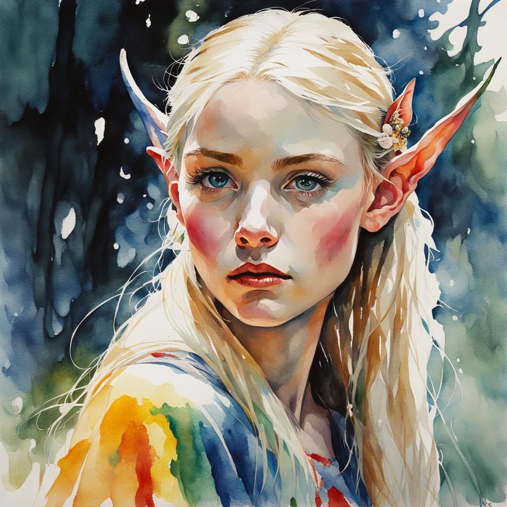 Blond Elf Princess in Wild Watercolor Style