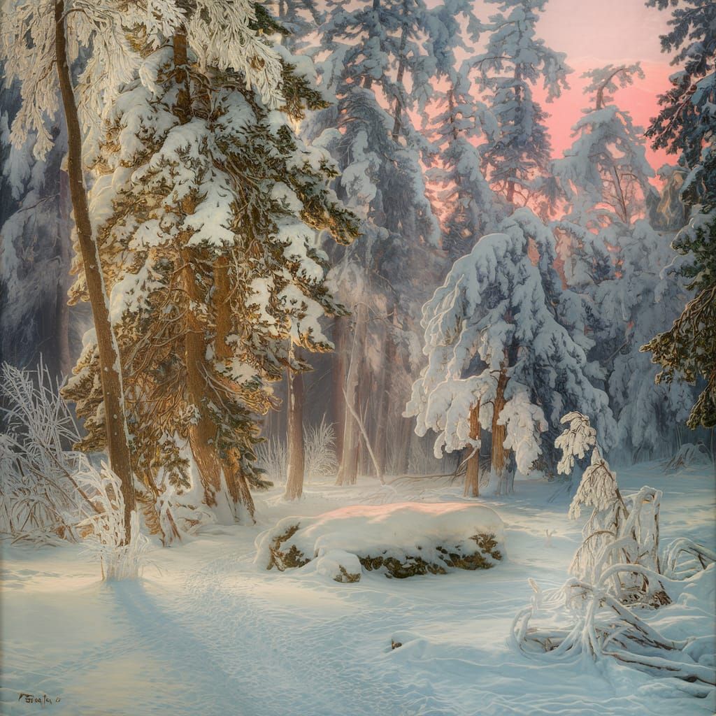 Snowy Forest at Dawn: Hudson River School Painting