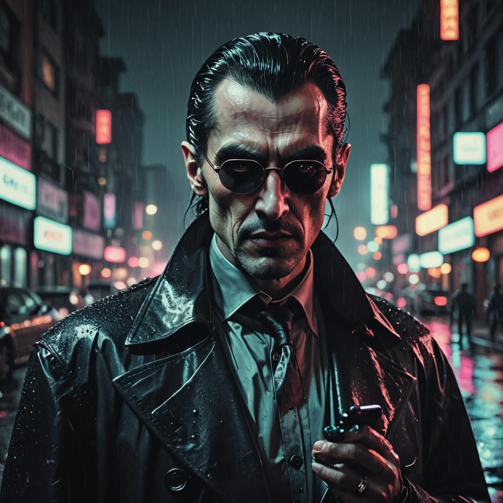 Cyberpunk Dracula in Rainy City Street