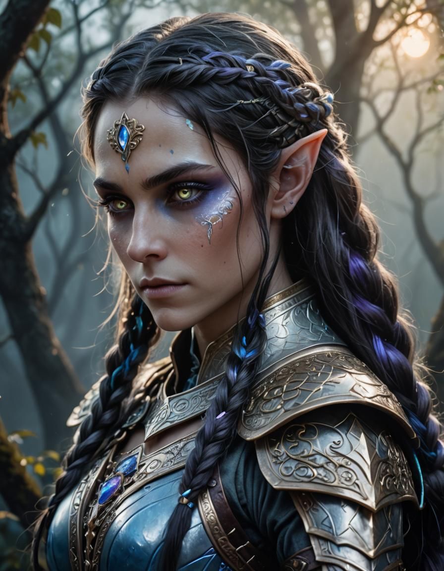 Adult Elf in Ornate Armor with Silver Runes