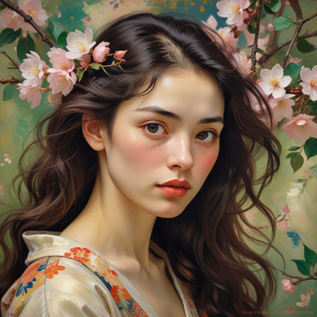 Spring's Ethereal Glow Surrounds Young Asian Woman in Vibran...