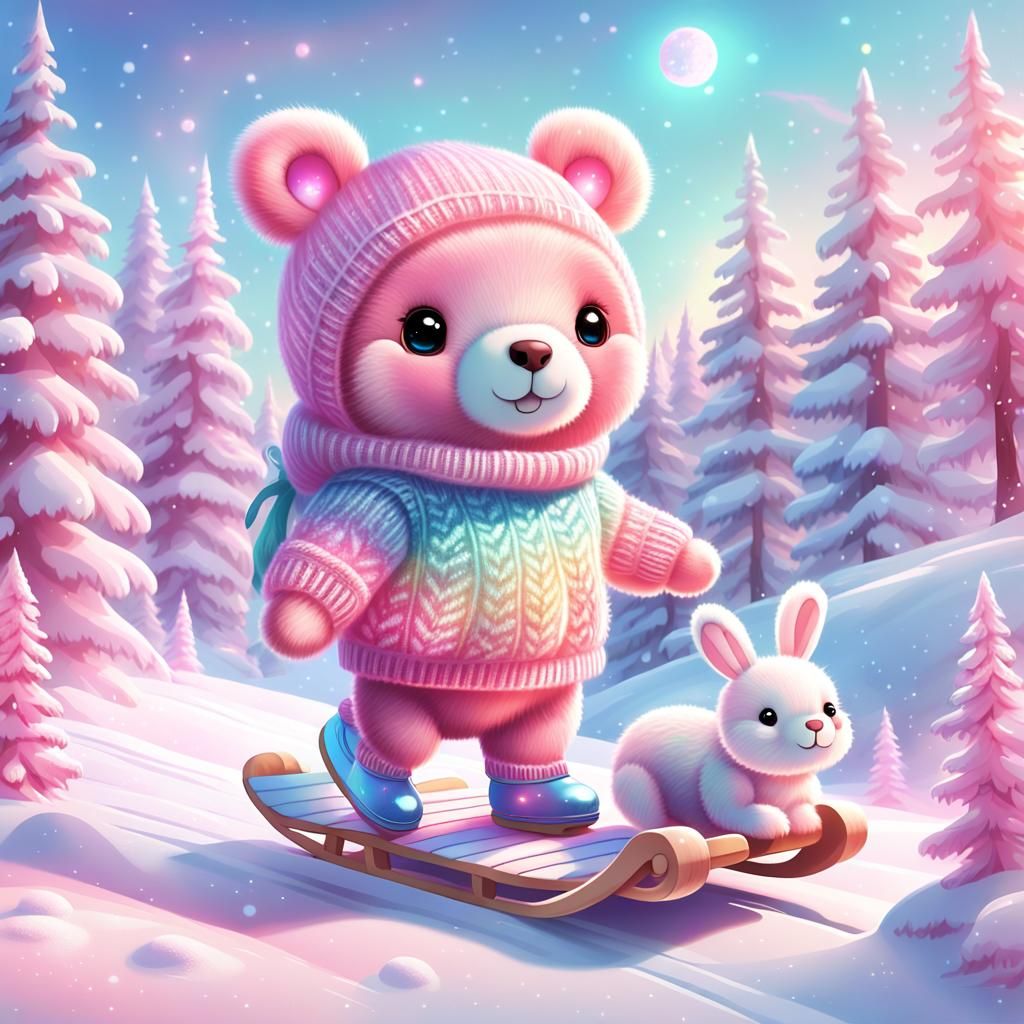" super cute little fluffy pink bear rolls a little bunny on...